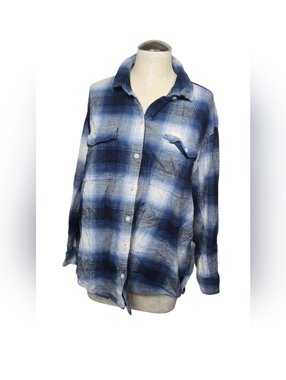 Old Navy The Boyfriend Shirt Blue White Plaid Button Down Long Sleeves Shirt XL